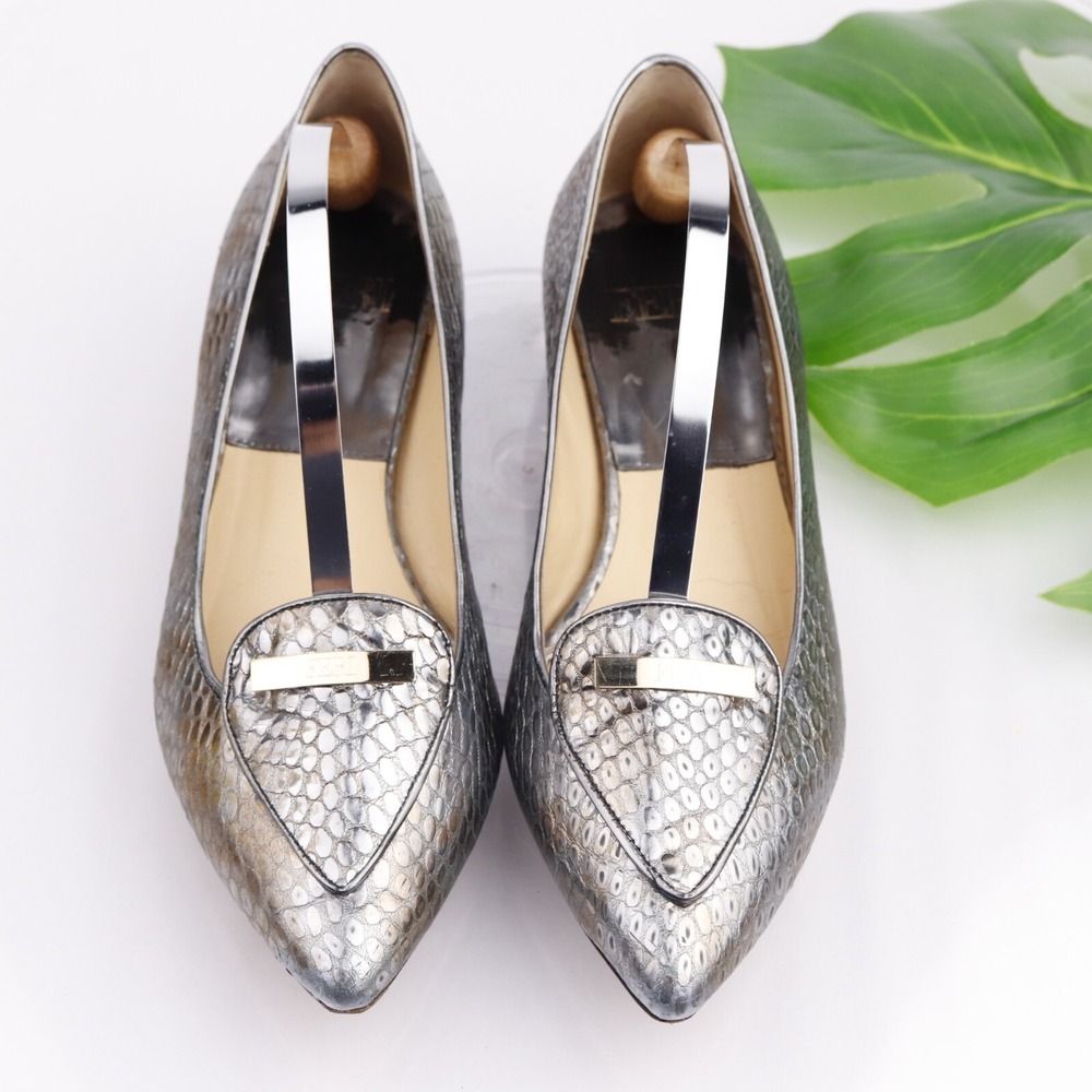 FERI Shoes Womens Loafers Size 38 7 Silver Leather Flats Pointed Toe Handcrafted